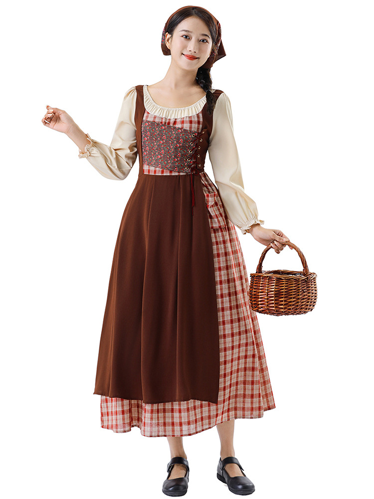 Traditional Dirndl Costume Dress With Cream Long Sleeves And Ankle Length